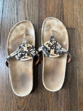 Tory Burch Snake-Print Logo Thong Sandals in Tan & Black